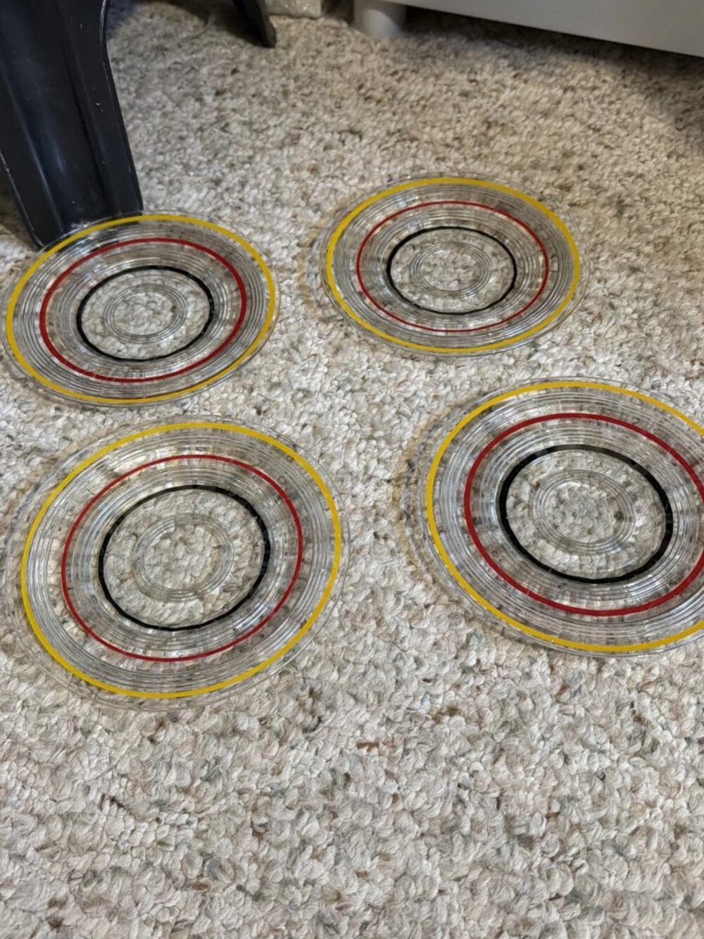 Anchor Hocking Bread & Butter Plate Banded Rings Clear W Multi Colored Bands (4)